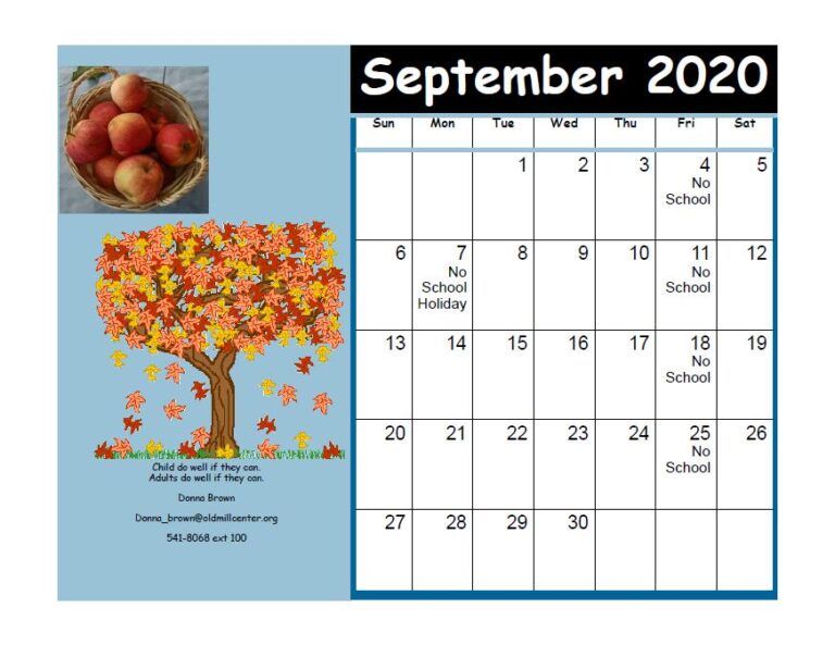 Preschool calendar September 2020 | Old Mill Center